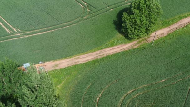 Grader Nivelamento Estrada Estrada Rural Ruim Trabalho Vista Aérea — Vídeo de Stock