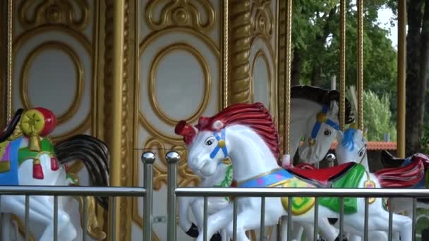 Nieuwe Carrousel Paarden Speelgoed Groep Zomerpark — Stockvideo