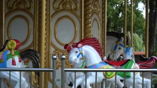 Nouveau Groupe Jouets Pour Chevaux Carrousel Dans Parc Été — Video