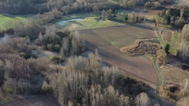 Early Spring Land Fields Groves House Lithuania Aerial View — Stock Video