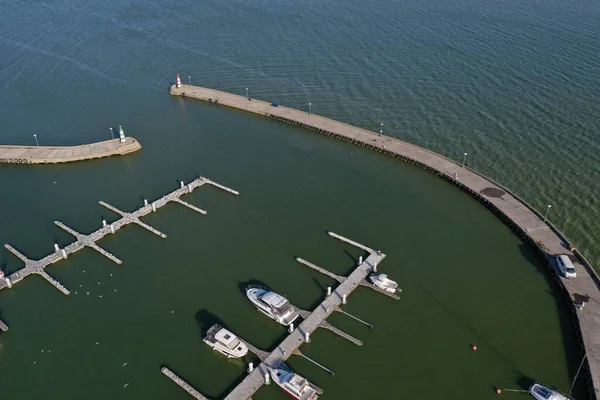 Small Sea Lagoon Port Yachts Two Lighthouses Pier Nida Aerial — Stock Photo, Image