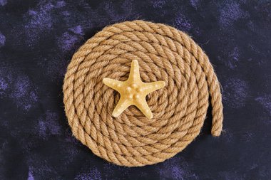 İp ve denizyıldızı koyu arka plan üzerinde. Üstten Görünüm