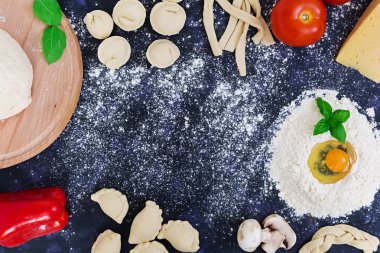 Ham pizza hamur malzemeleri ve baharat koyu arka plan üzerinde. Üstten Görünüm
