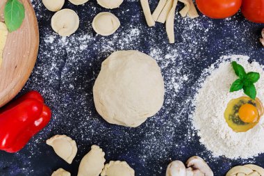 Ham pizza hamur malzemeleri ve baharat koyu arka plan üzerinde. Üstten Görünüm