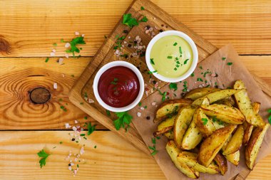 Fırında patates sosu ve baharatlar koyu arka plan üzerinde