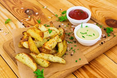 Fırında patates sosu ve baharatlar koyu arka plan üzerinde