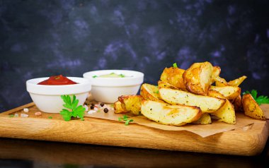 Fırında patates sosu ve baharatlar koyu arka plan üzerinde