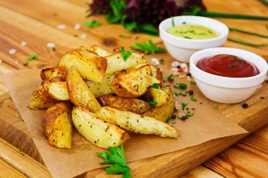 Fırında patates sosu ve baharatlar koyu arka plan üzerinde