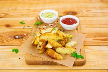 Fırında patates sosu ve baharatlar koyu arka plan üzerinde