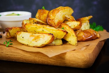 Fırında patates sosu ve baharatlar koyu arka plan üzerinde