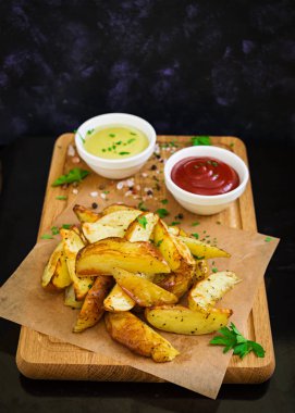 Fırında patates sosu ve baharatlar koyu arka plan üzerinde