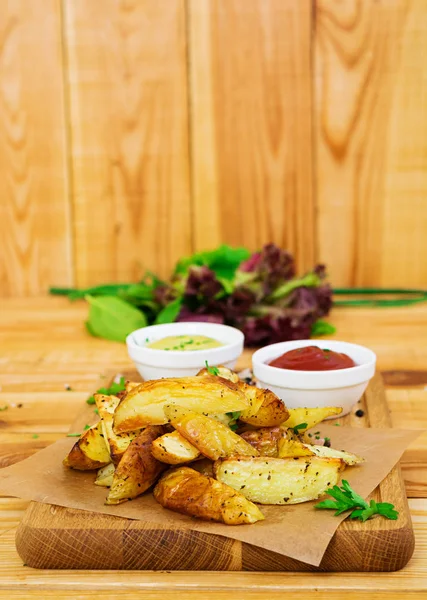 Fırında patates sosu ve baharatlar koyu arka plan üzerinde