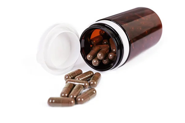 Pill Bottle Scattered Medical Pills Isolated Medicaments — Stock Photo, Image