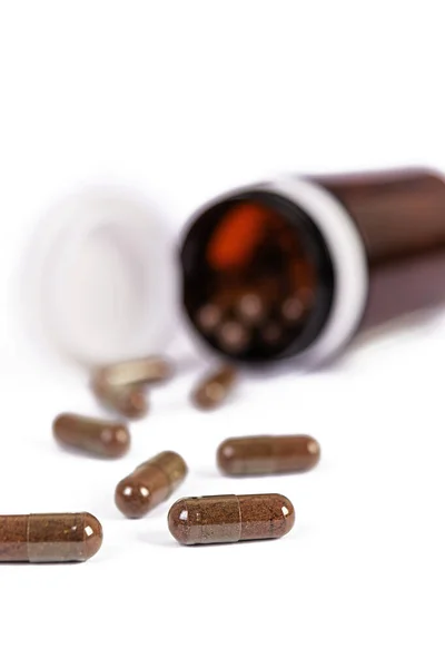 Pill Bottle Scattered Medical Pills Isolated Medicaments — Stock Photo, Image