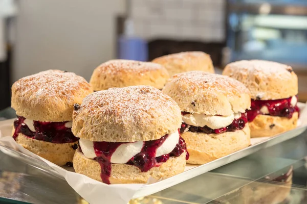 Six English Scones Jam Clotted Cream Devon Cream Tea Tray — Stock Photo, Image