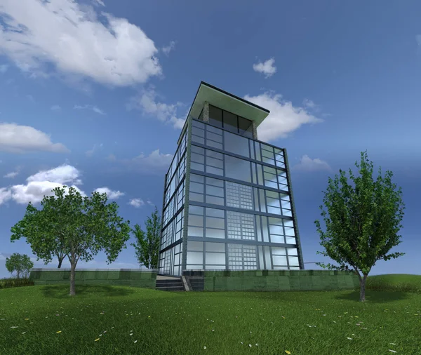 Yeşil manzarayla çevrili cam paneller.