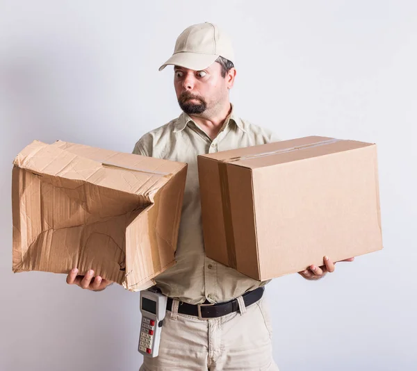 Messenger Holding Normal And Broken Parcels, White Background