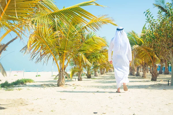 Arab ember séta pálmafák között — Stock Fotó