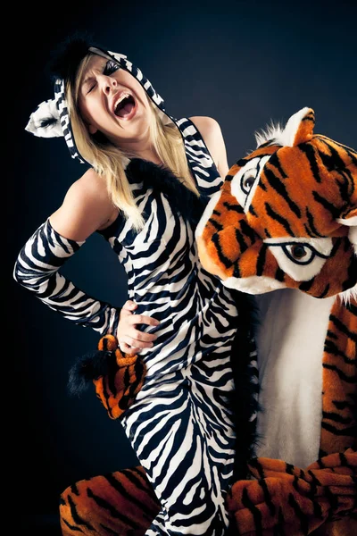 Tigris szó, hogy van egy Zebra, ebédre — Stock Fotó