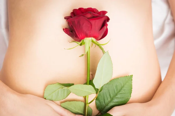 Mulher segurando única rosa em sua barriga Imagens Royalty-Free
