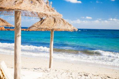 Corsica'deki / daki plaj şemsiye