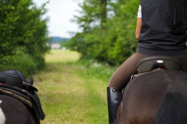 Genç kadın ormandaki onun at binme