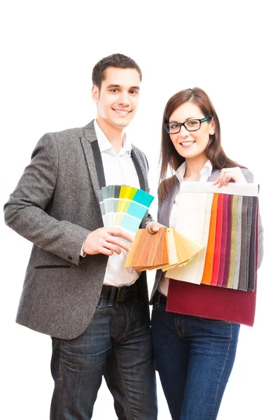 Interior Designer Team, Holding Fabric And Color Swatches — Stock Photo, Image