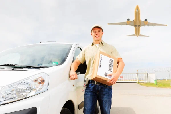 Messenger with Van and Plane, Air Transport Concept — Stock Photo, Image