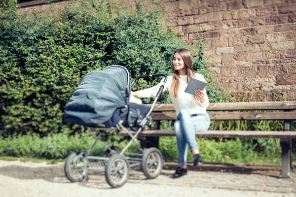 年轻母亲与婴儿推车在公园里 — 图库照片