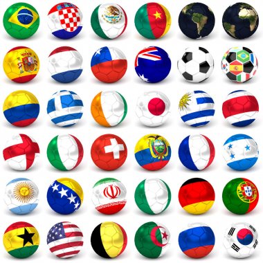 Koleksiyon futbol topları bayraklı, 36 dizi görüntüleri 3d Render
