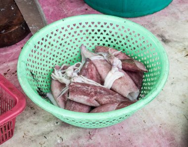 Taze kalamar plastik sepet içinde kazık.