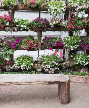 Renkli taze çiçek hangi ahşap tepsi içinde kürek.