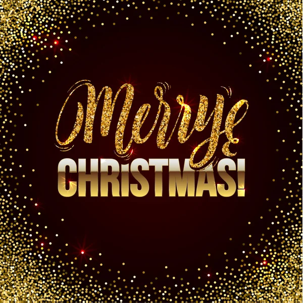 Christmas card Gold sparkles on black background. glitter and Calligraphy Greeting X-MAS. — Stock Vector