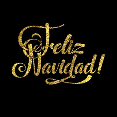 Altın mutlu Noeller İspanyol kartı altın parlak parıltı. Hat tebrik posteri Tamplate. Siyah arka plan izole