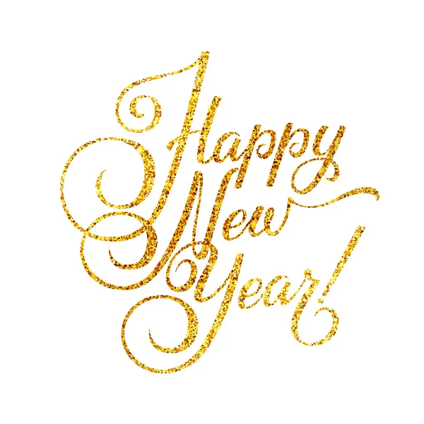 Gold Happy New Year Card. Golden Shiny Glitter. Calligraphy Greeting Poster Tamplate. Isolated White Background — Stock Vector