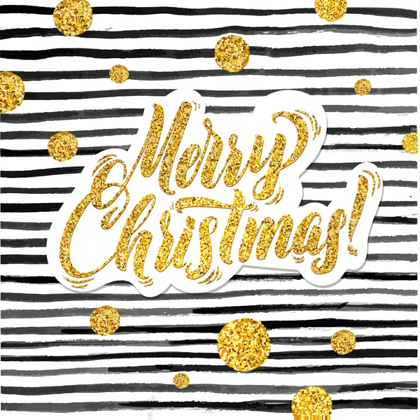 Золотая рождественская открытка. Черные полосы и золотой блестящий блеск. Шаблон поздравления с открытием — стоковый вектор