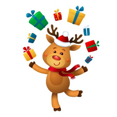 Noel babalar Ren geyiği Rudolph. Ren geyiği Rudolf Isolated beyaz arka plan üzerinde vektör çizimleri