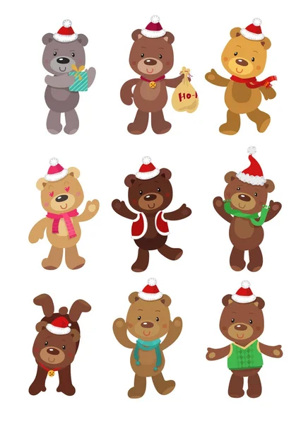 Set of Cute Christmas Bears. Vector illustration on White Background — Stock Vector