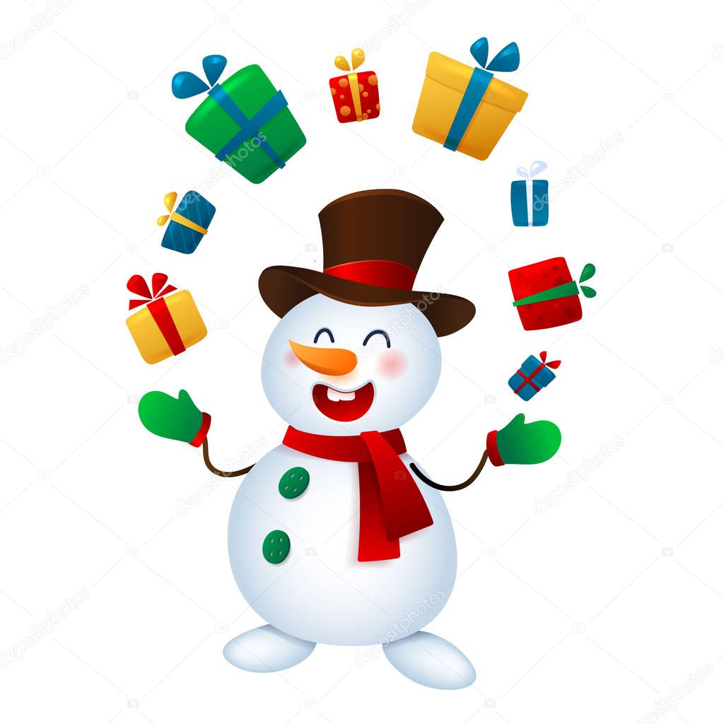 The Christmas snowman juggles with gifts. Vector illustrations of snowman Isolated on White Background