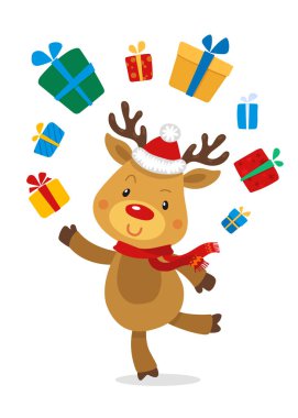 Noel babalar Ren geyiği Rudolph ve hediyeler. Ren geyiği Rudolf Isolated beyaz arka plan üzerinde vektör çizimleri