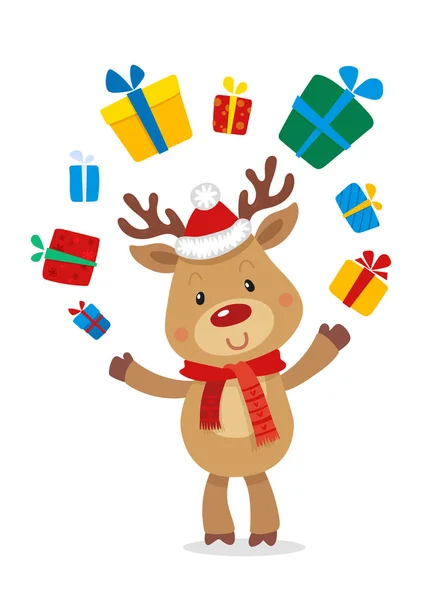 Weihnachtsmänner Rentier Rudolph und Geschenke. Vektor-Illustrationen von Rentier Rudolf isoliert auf weißem Hintergrund — Stockvektor