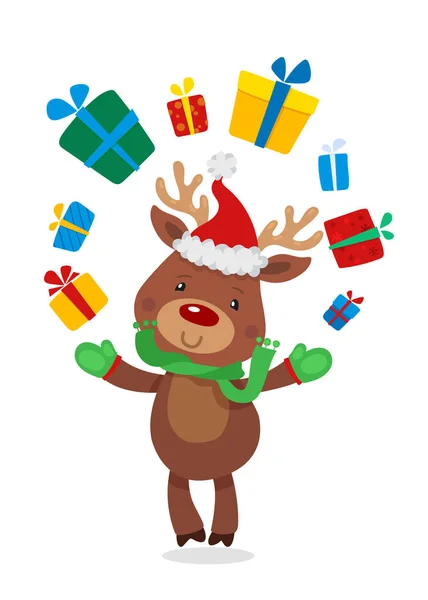 Santas soba Rudolfa a dárky. Vektorové ilustrace sob Rudolf izolovaných na bílém pozadí — Stockový vektor