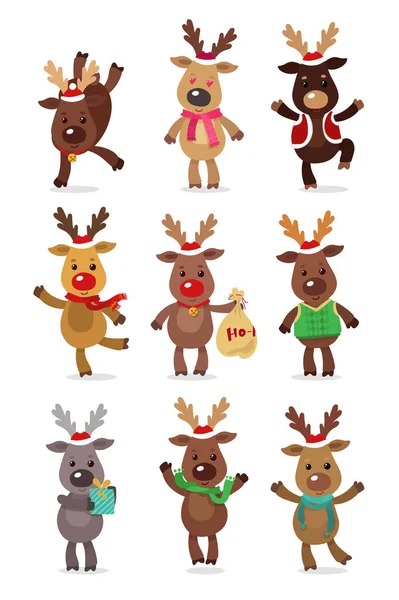 Santa s Reindeer Set. Vektorové ilustrace sobů izolovaných na bílém pozadí — Stockový vektor