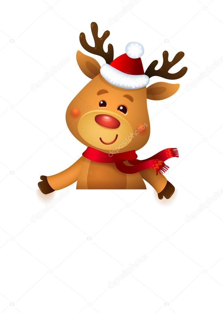 Santa s Reindeer Rudolph and White Banner. Vector illustrations of Reindeer Rudolf Isolated on White Background