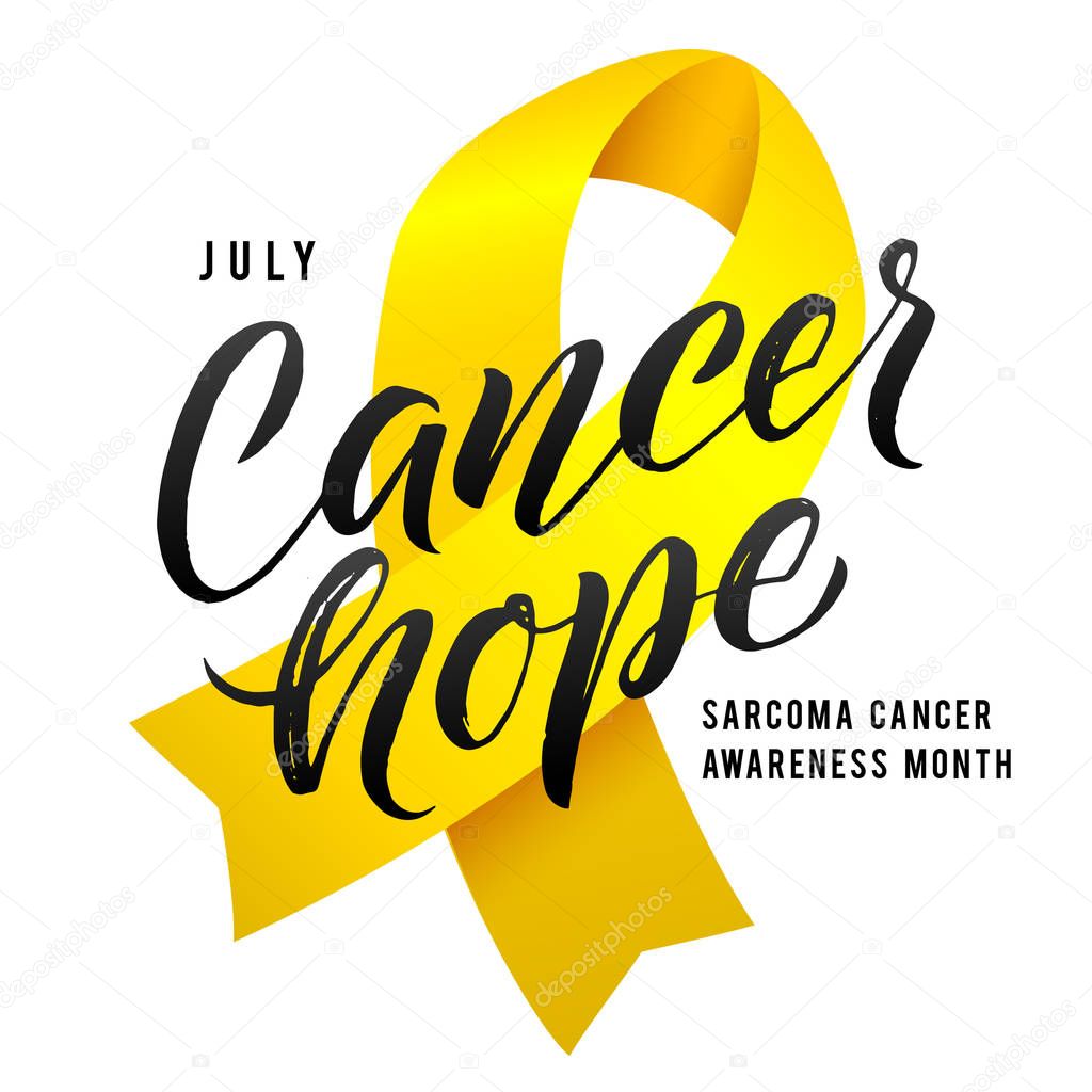 Cancer Hope. Vector Calligraphy Poster. Yellow Awareness Ribbons of Sarcoma Cancer Vector illustration.