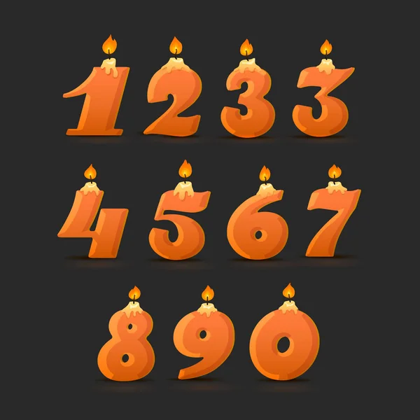 Set di colorati numeri di candele di compleanno. Wick and fire. Illustrazione vettoriale — Vettoriale Stock