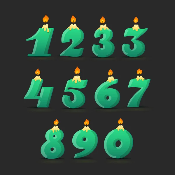 Σετ από πολύχρωμους αριθμούς κεριών γενεθλίων. Γουίκ και πυρ. Απεικόνιση διανυσματικών φορέων — Διανυσματικό Αρχείο