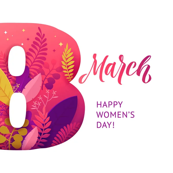 Międzynarodowy Dzień Kobiet. 8 marca sztandar z kwiatowym wystrojem. Cięty papier z wzorem wiosennych roślin, liści i kwiatów. Szablon plakatu, karty, sztandar Ilustracja wektora — Wektor stockowy