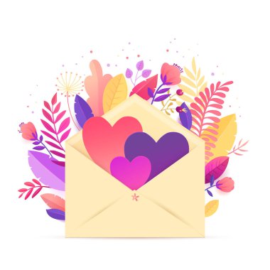 Spring Floral Design. Bouquet of flowers in a paper envelope. Cut paper with a pattern of spring plants, leaves and flowers. Template for a poster, cards, banner Vector illustration