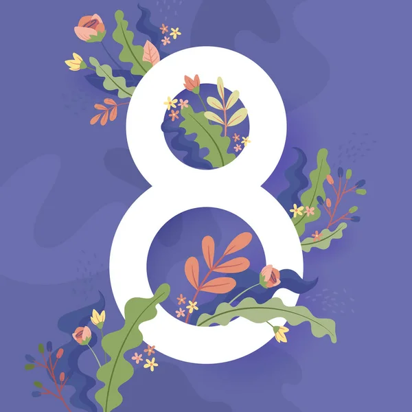 Internationella kvinnodagen. 8 mars banderoll med blommig dekor. Klipp papper med ett mönster av vårväxter, blad och blommor. Mall för en affisch, kort, banner vektor illustration — Stock vektor